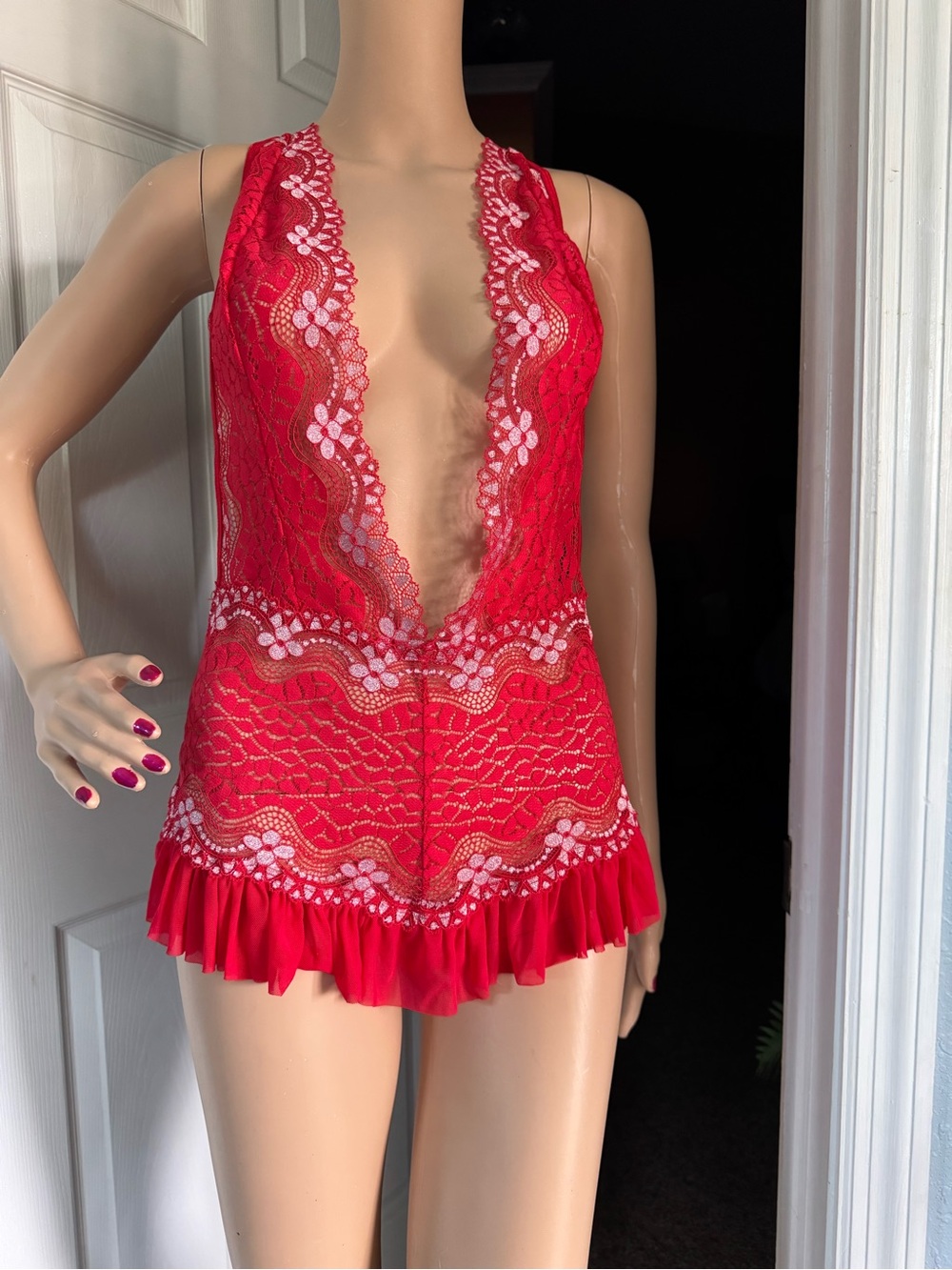 Red Lace Plunge Chemise with Ruffle Hem
